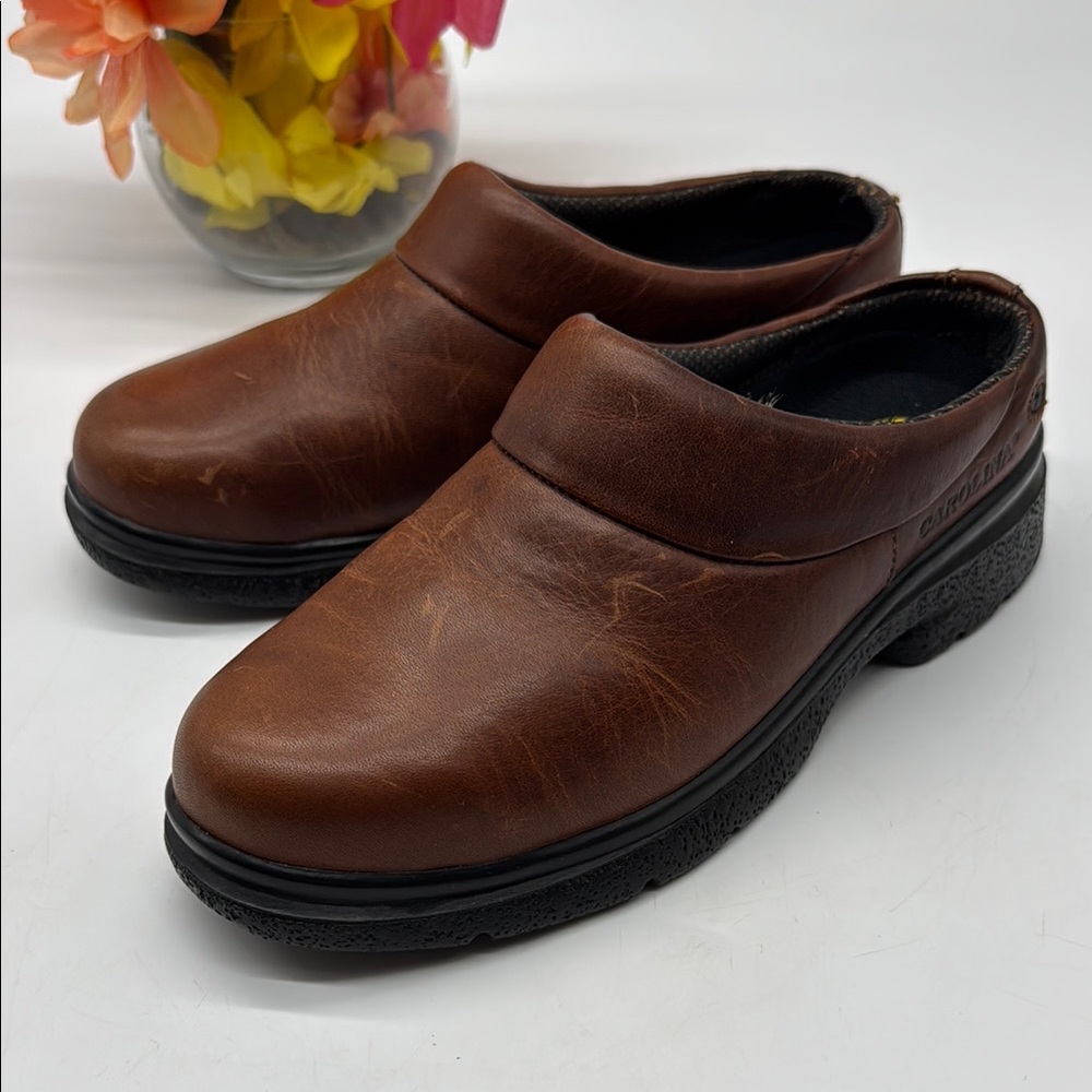 Carolina Brown Leather Mule Loafers with Closed Steel Toe and Sturdy Sole Size 7